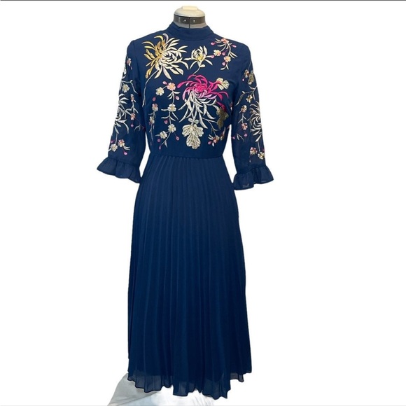 ASOS Dresses & Skirts - Blue Chiffon Embroidered Pleated Prairie Dress ASOS Size 0